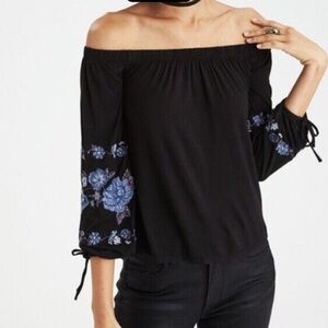 American Eagle Off the Shoulder Top with Flower Embroidered Longsleeve